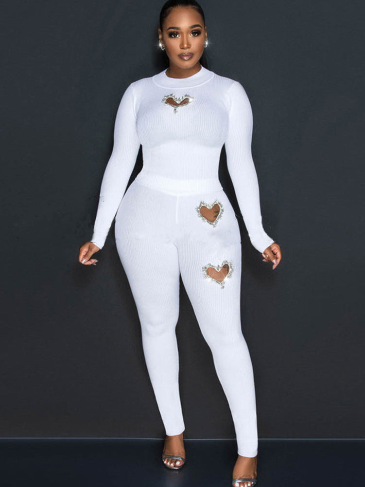 Rhinestone Heart Ribbed Pants Set