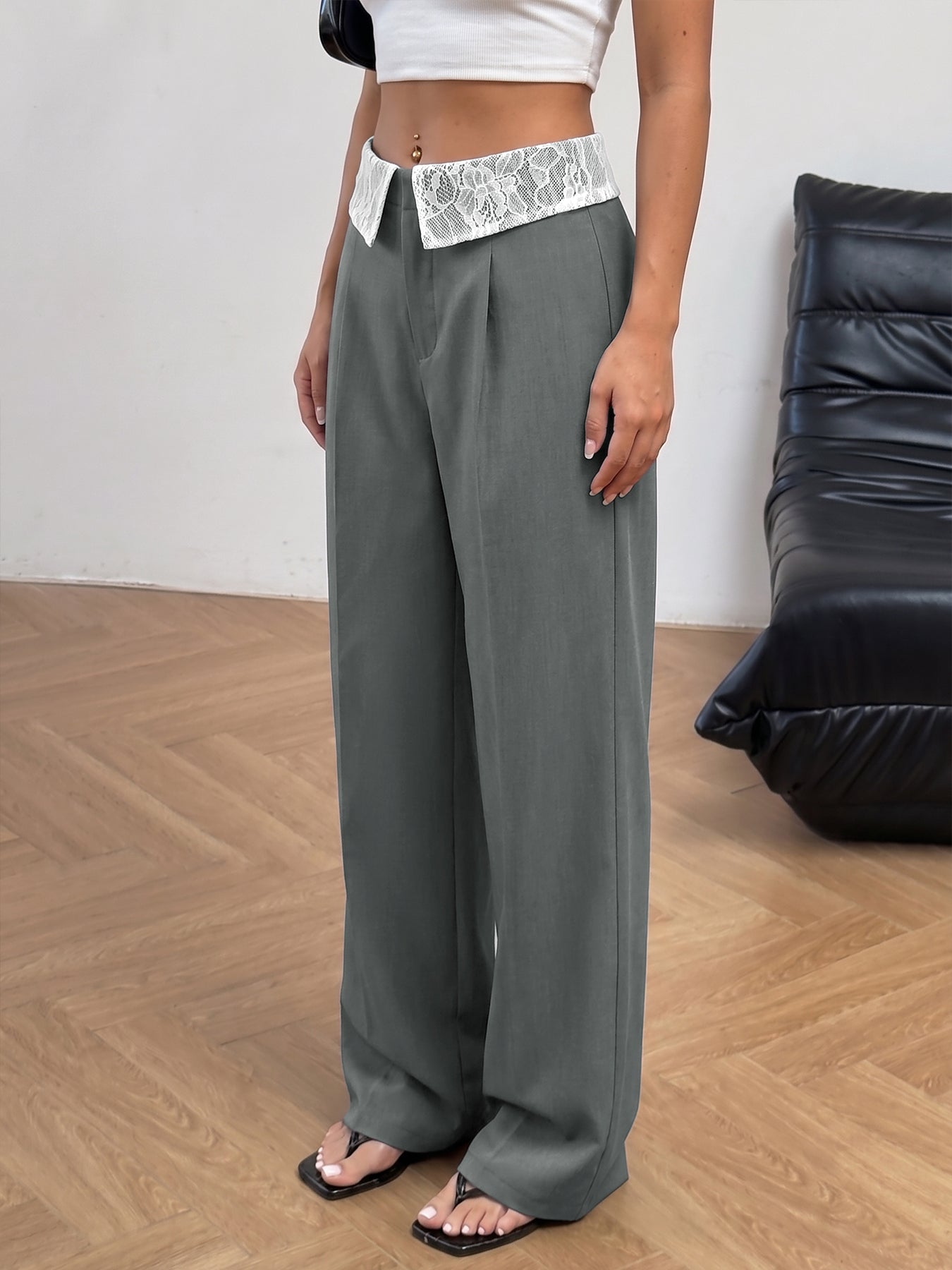 Lace Trim High Waisted Pants