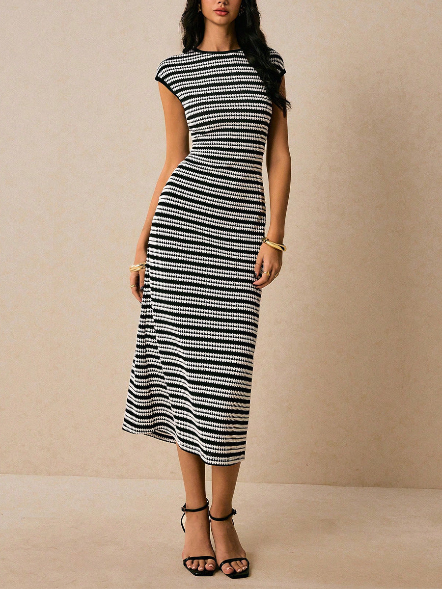 Sleeveless Striped Knit Daily Midi Dress-Black