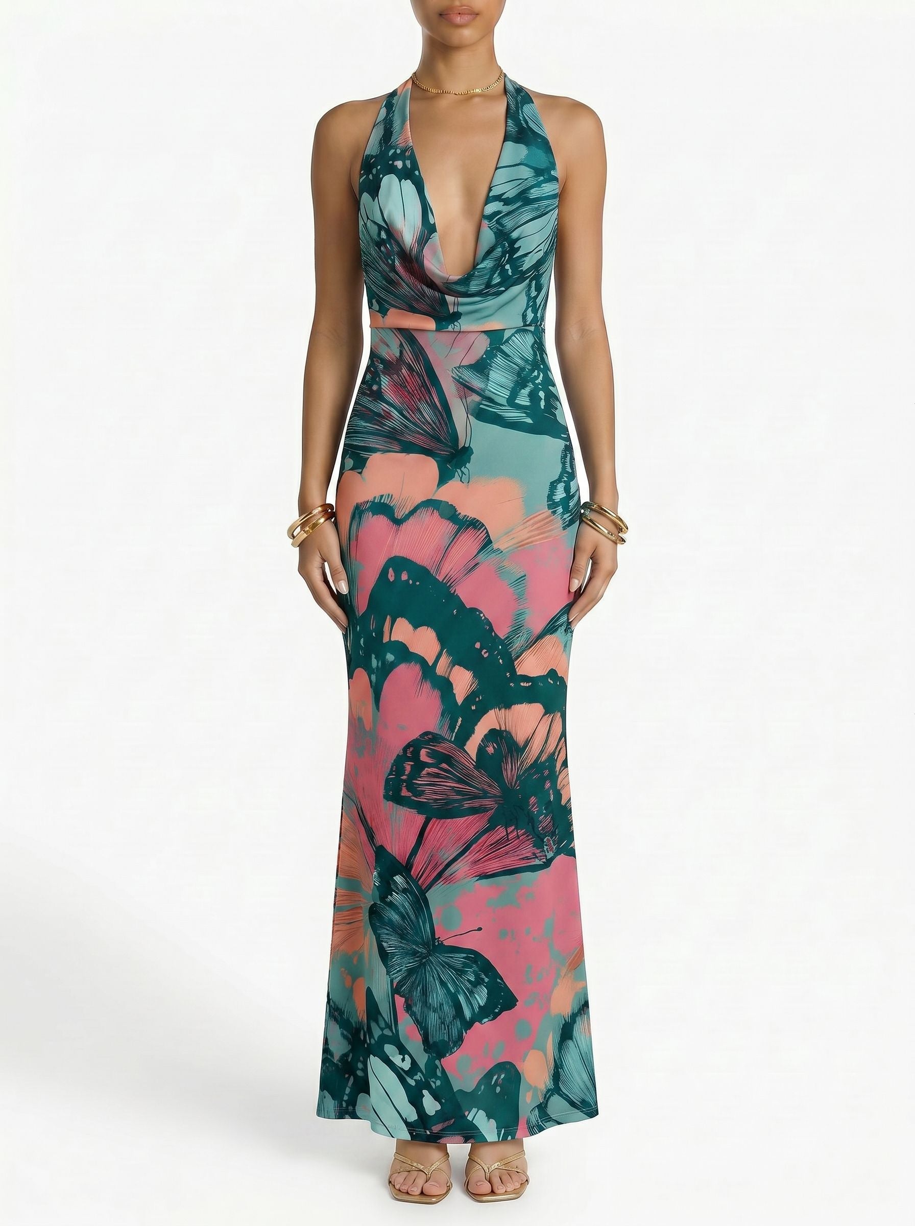 Floral Print Cowl Neck Bodycon Maxi Dress