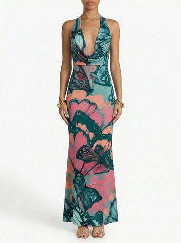 Floral Print Cowl Neck Bodycon Maxi Dress