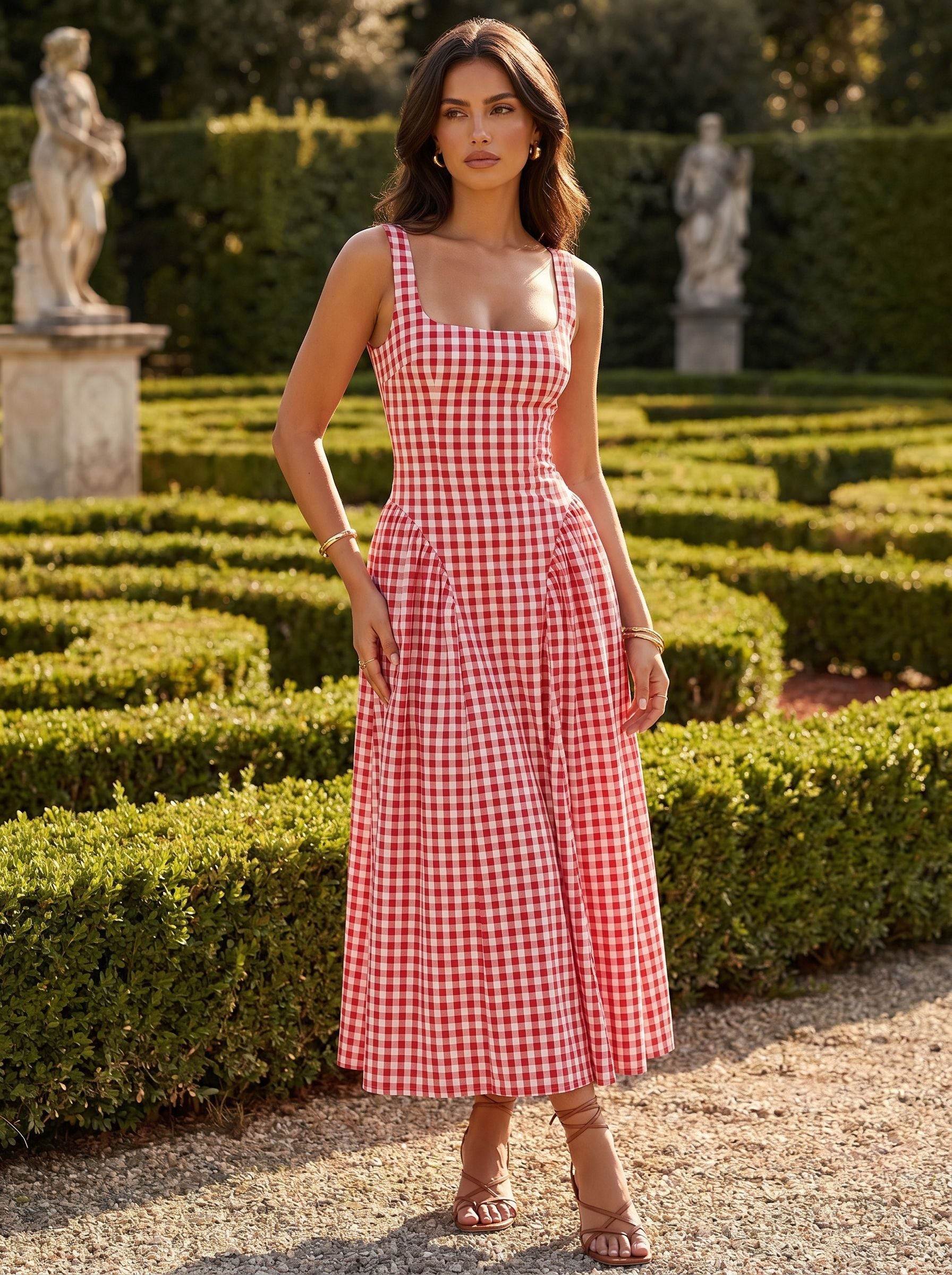 Gingham Square Neck Midi Dress