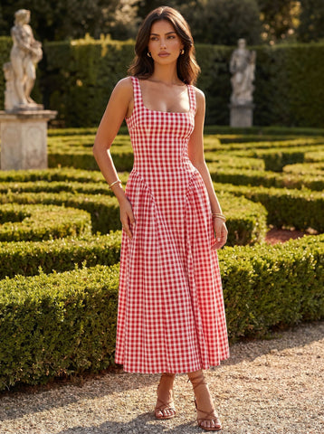 Gingham Square Neck Midi Dress