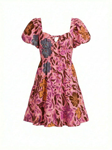 AYLA Floral Print Puff Sleeve Tiered Mini Dress