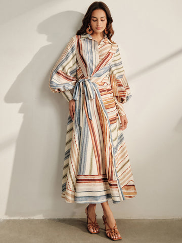 Striped Balloon Sleeve Midi Shirt Dress