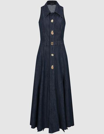 Urban Revivo Sleeveless Button Detail Pleated Denim Dresses-Blue