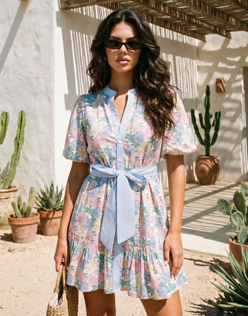 Floral Print Tie Waist Mini Dress