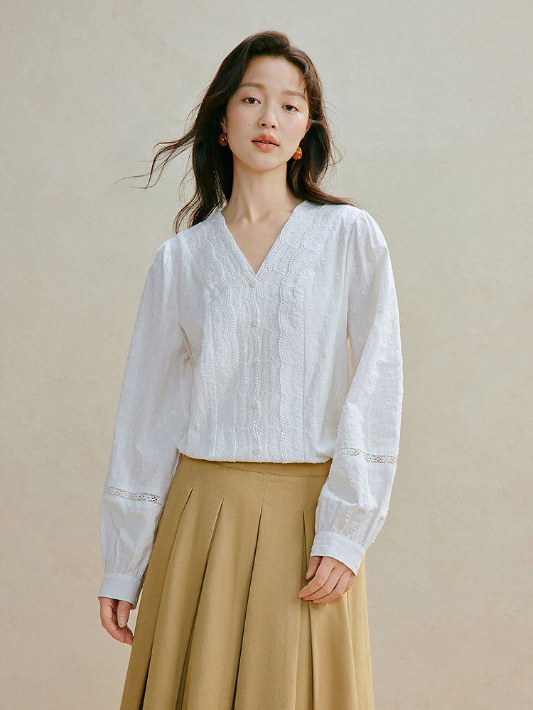 Embroidered Cotton V Neck Button Shirt