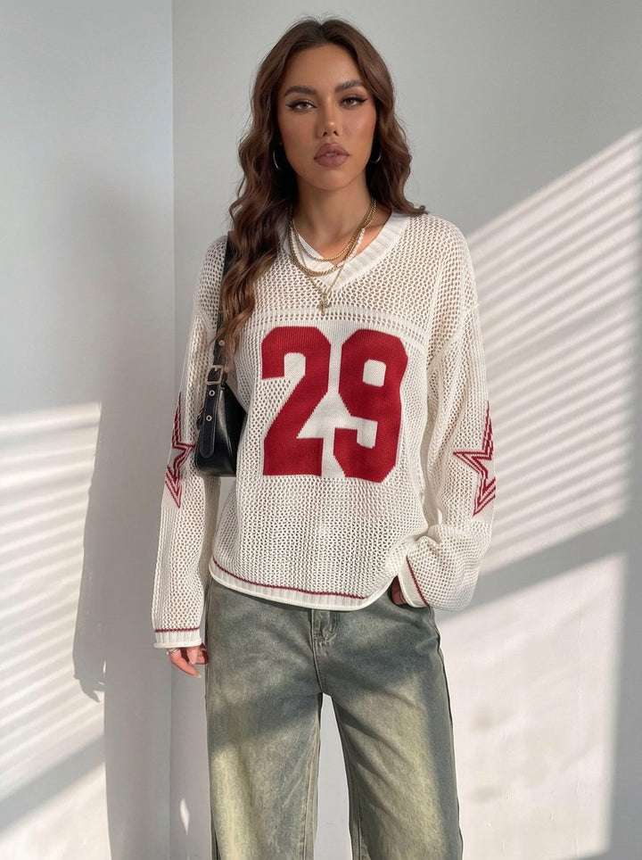 Oversized Graphic Mesh V Neck Sweater