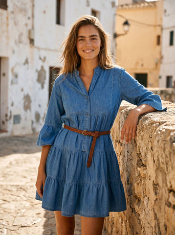 Casual Tiered Button Down Denim Dress