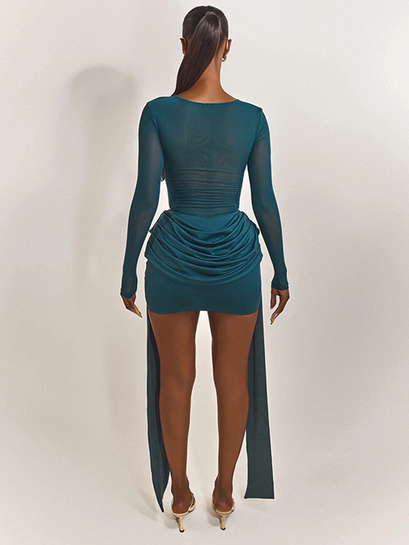 Sheer Mesh Ribbon Detail Elegant Mini Dress
