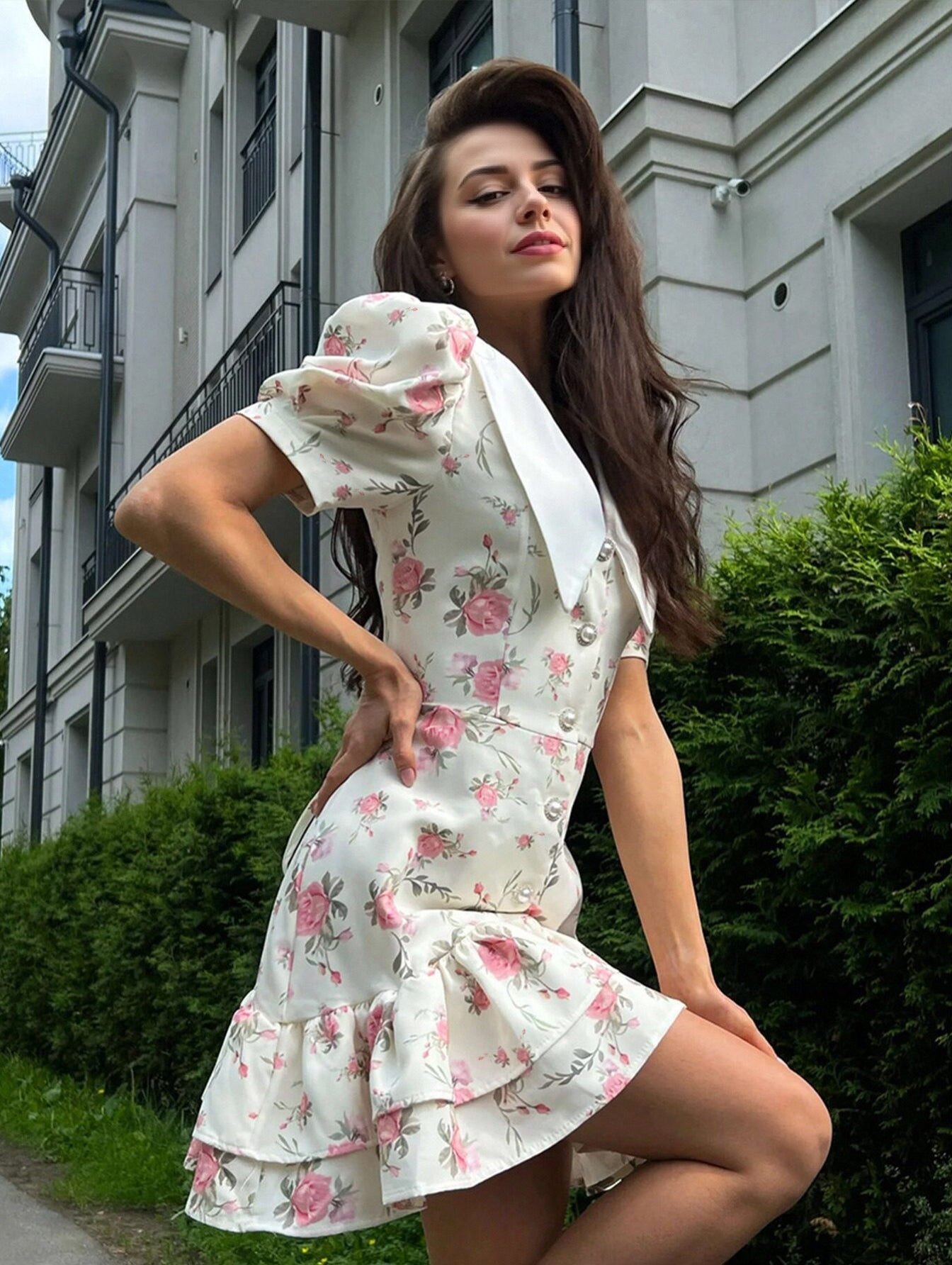 Floral Collared Puff Sleeve Mini Dress