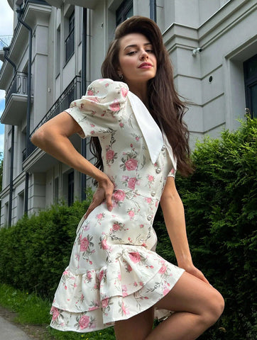 Floral Collared Puff Sleeve Mini Dress