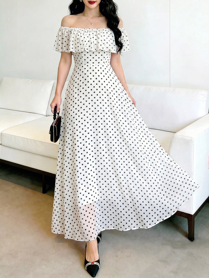 Off Shoulder Polka Dot Midi Dress