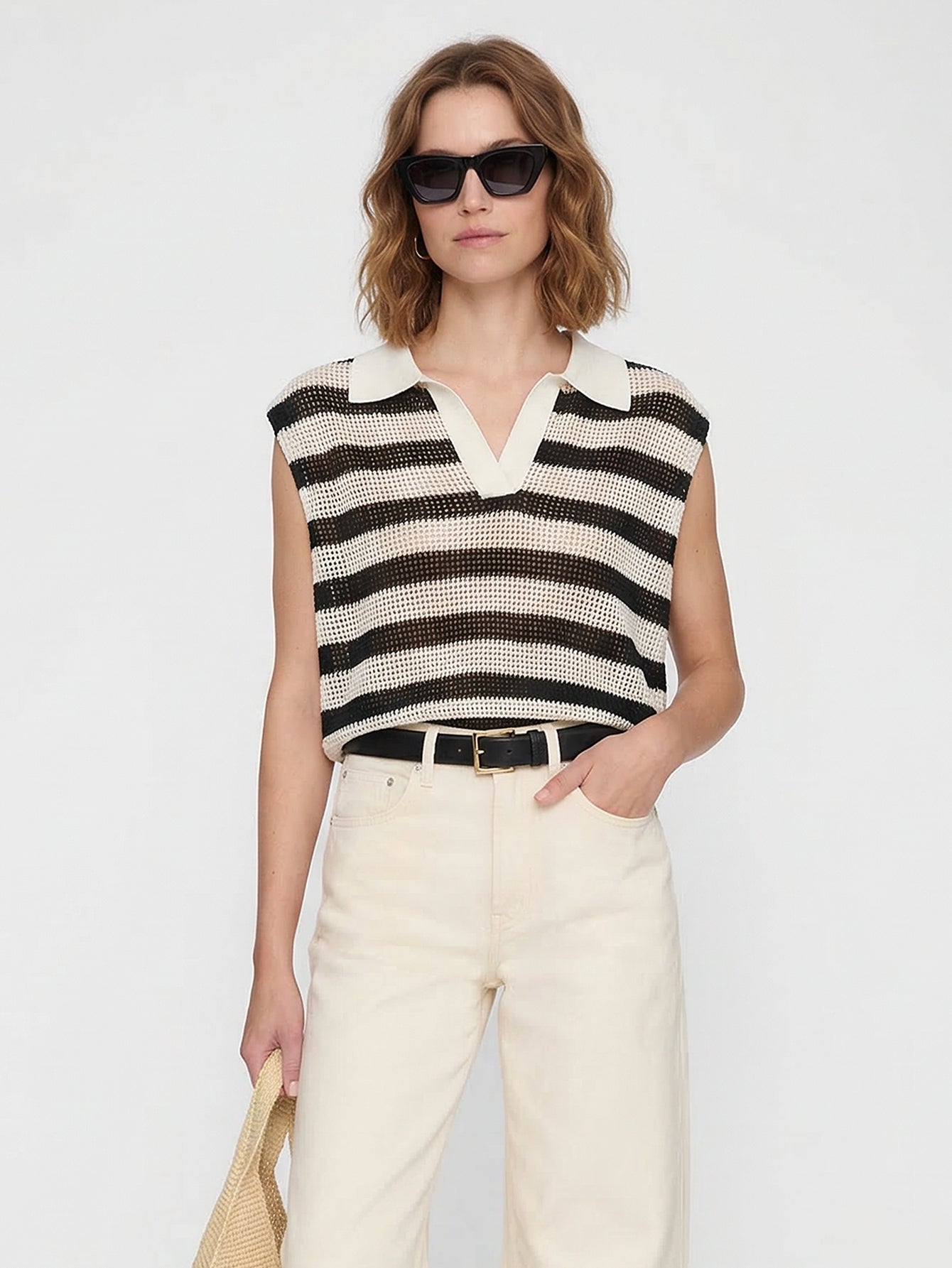 Polo Collar Striped Top