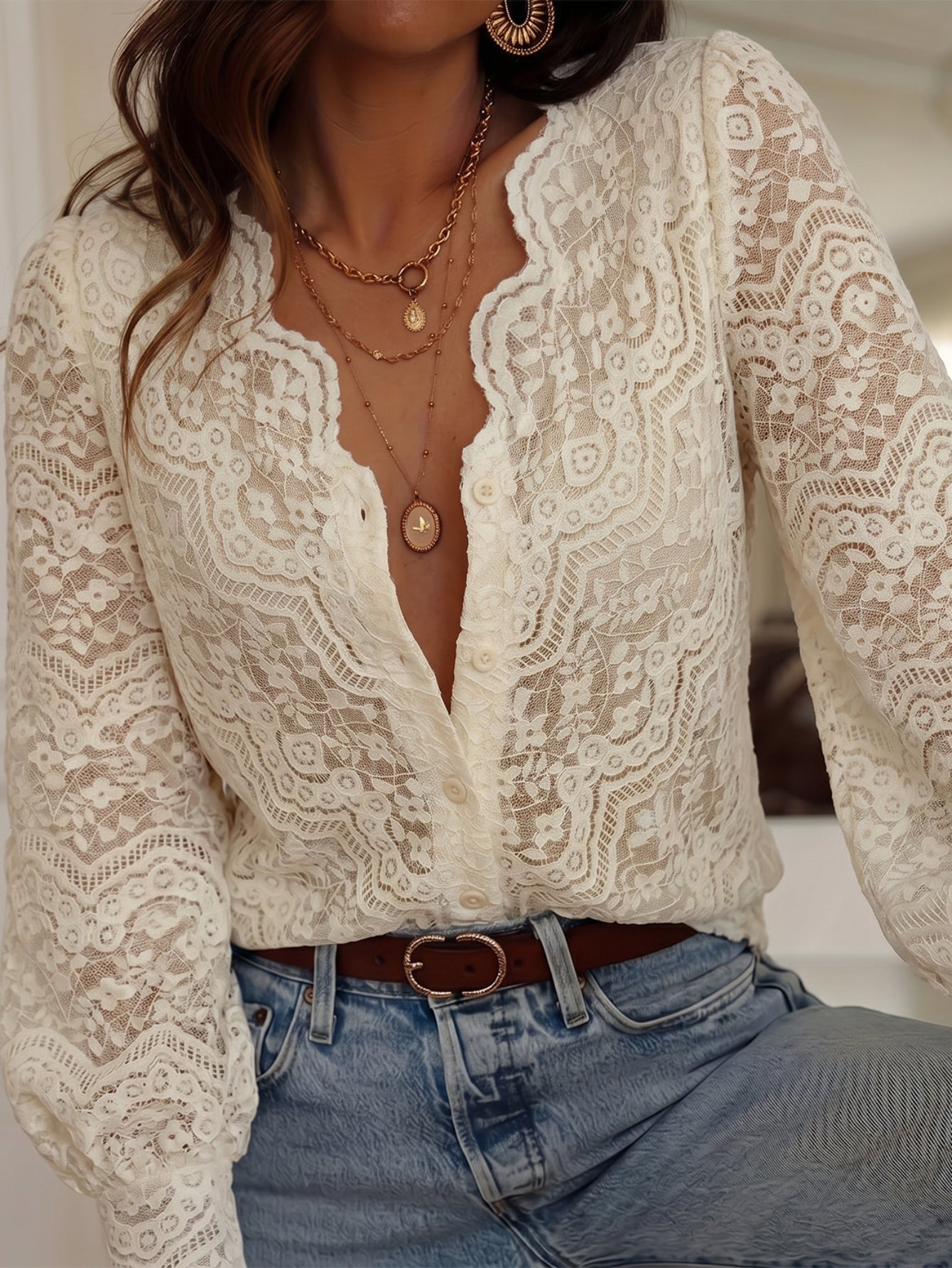 Elegant Floral Lace Button Down Shirt