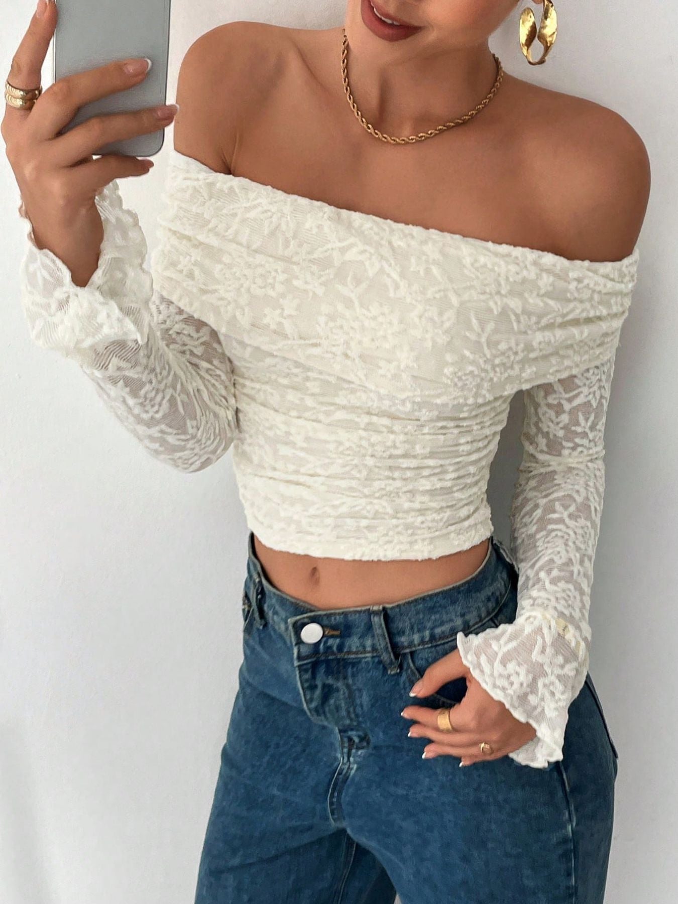 Elegant Off Shoulder Lace Long Sleeve Top