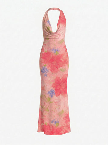 Floral Print Cowl Neck Bodycon Maxi Dress