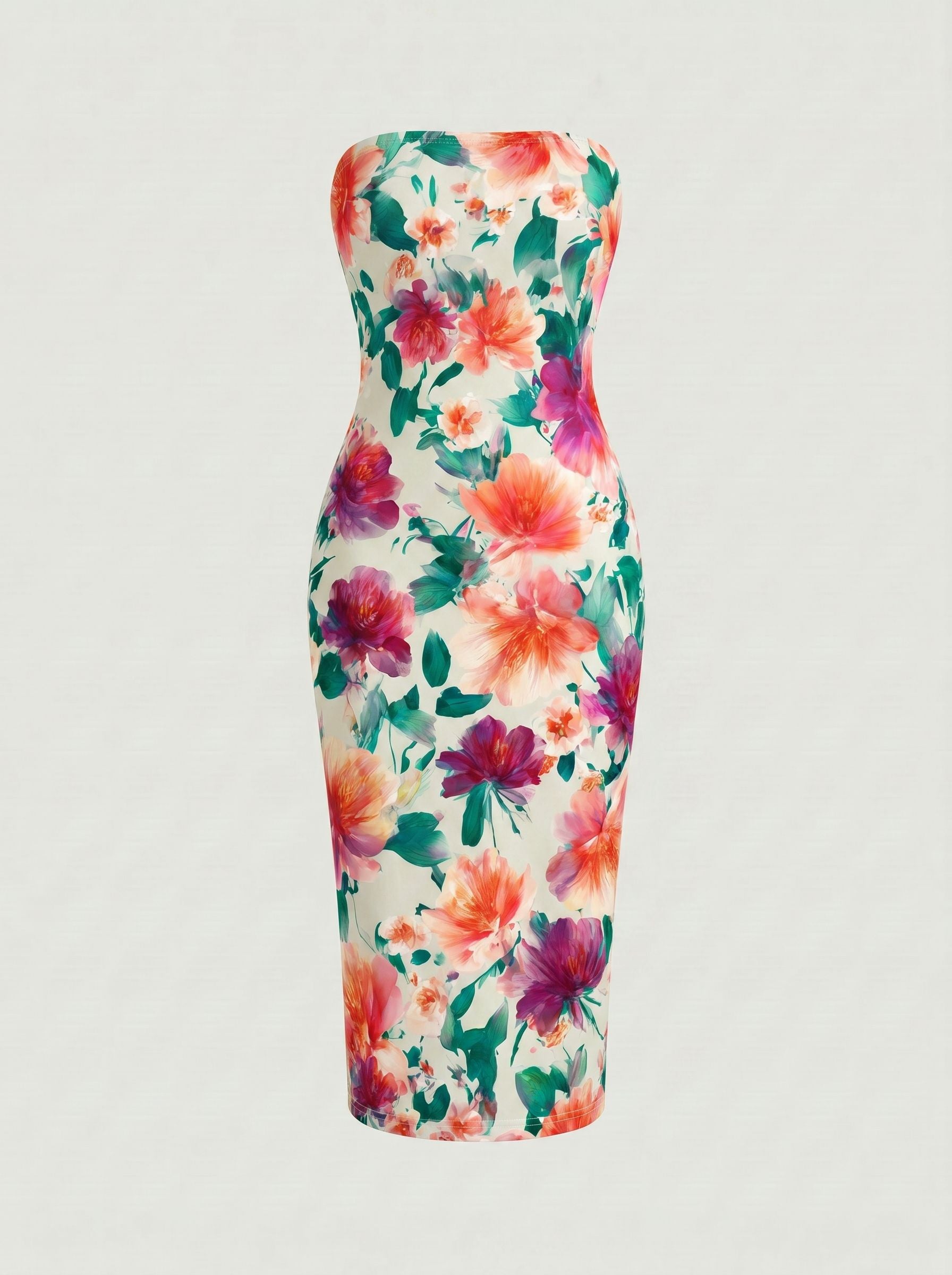 MAIA Floral Print Strapless Sheath Midi Dress