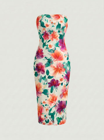 MAIA Floral Print Strapless Sheath Midi Dress