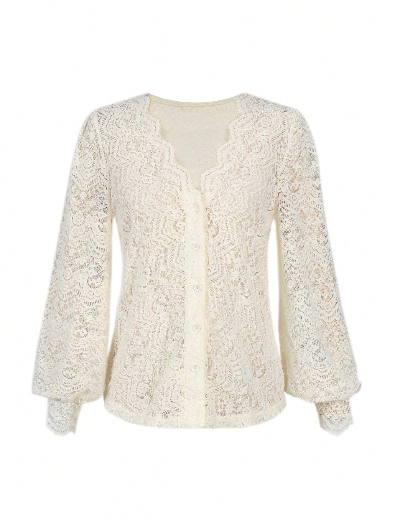 Lon Sleeve Floral Lace V Neck Sexy Blouse-Apricot