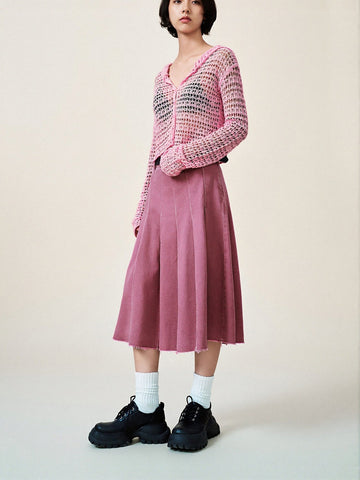 Urban Revivo Pleated Midi Denim Skirt-Cold Pink