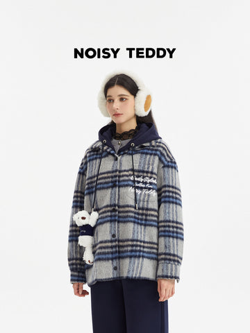 Hooded Plaid Brushed Wool Coat