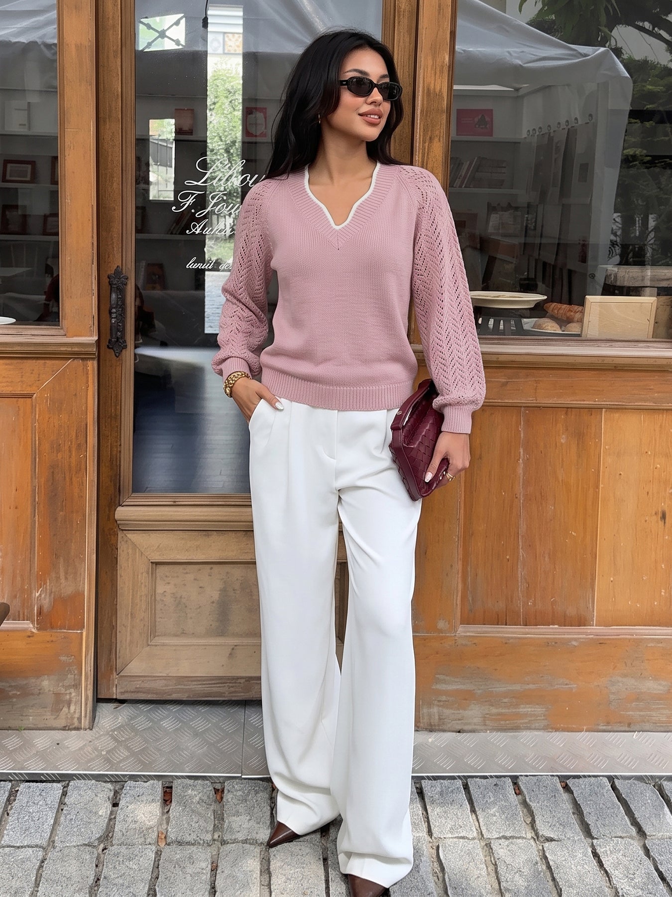 Textured V Neck Knit Sweater