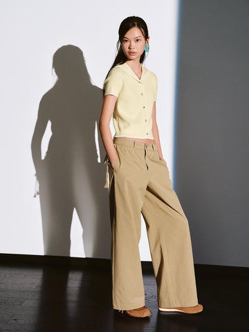 Urban Revivo Contrast Lace Trim Collared Knitted Cardigans-Navy Blue