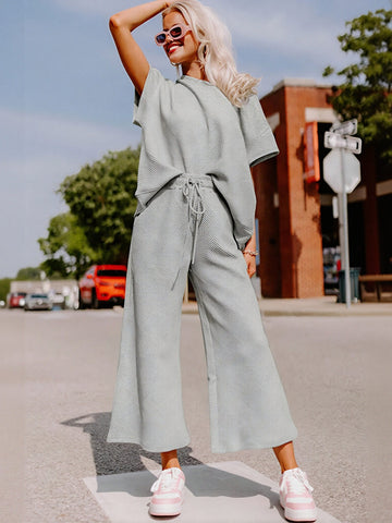 Round Neck Drawstring Waist Pants Set