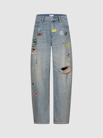 Patchwork Raw Detail Barrel Leg Jeans