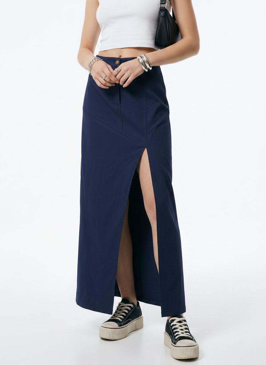 High Slit Navy Maxi Skirt