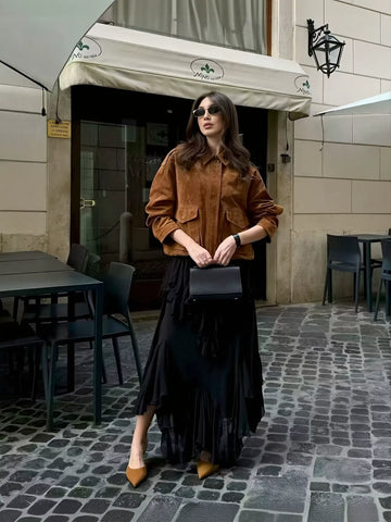 Oversized Brown Suede Utility Jacket