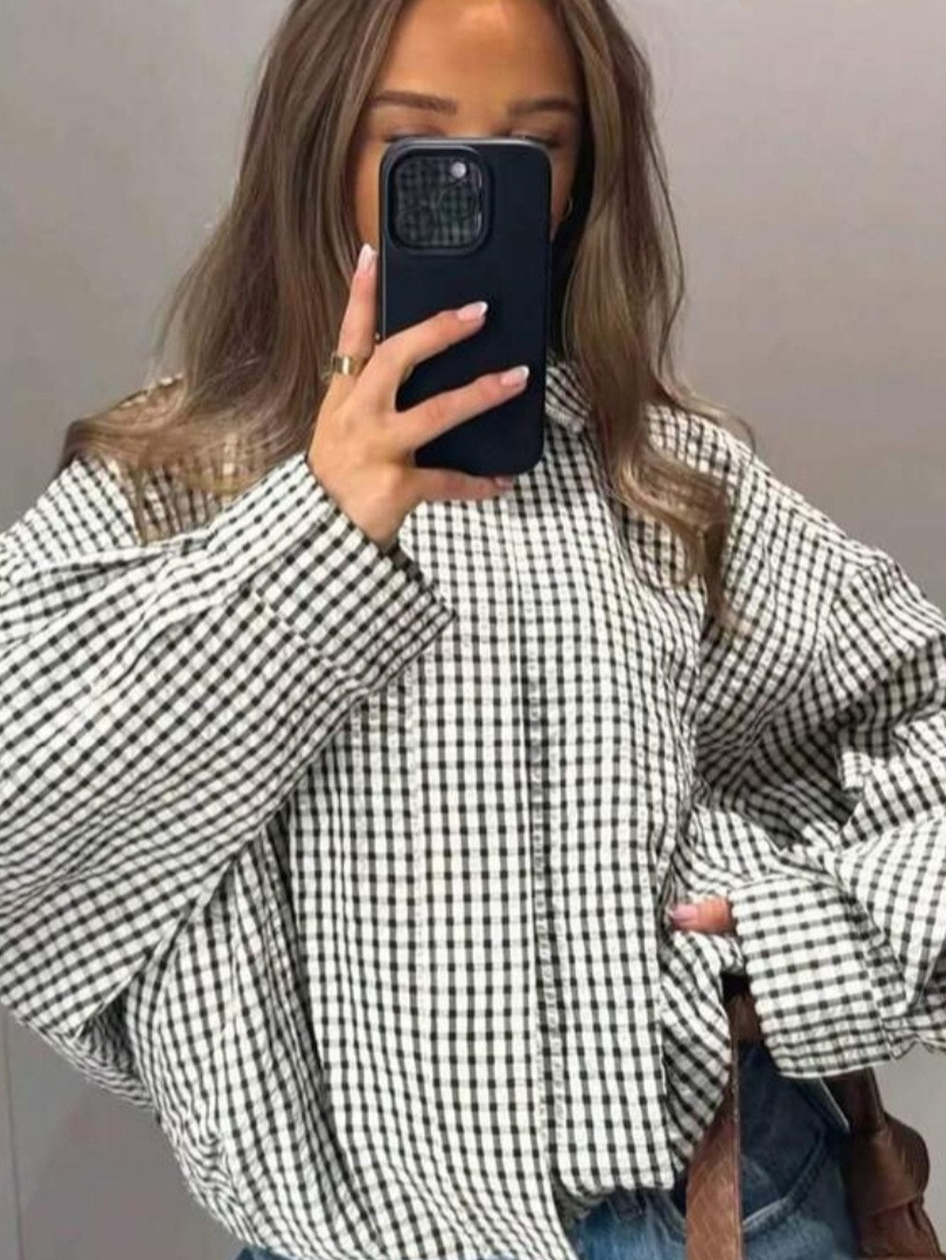 Oversized Gingham Stand Collar Casual Jacket