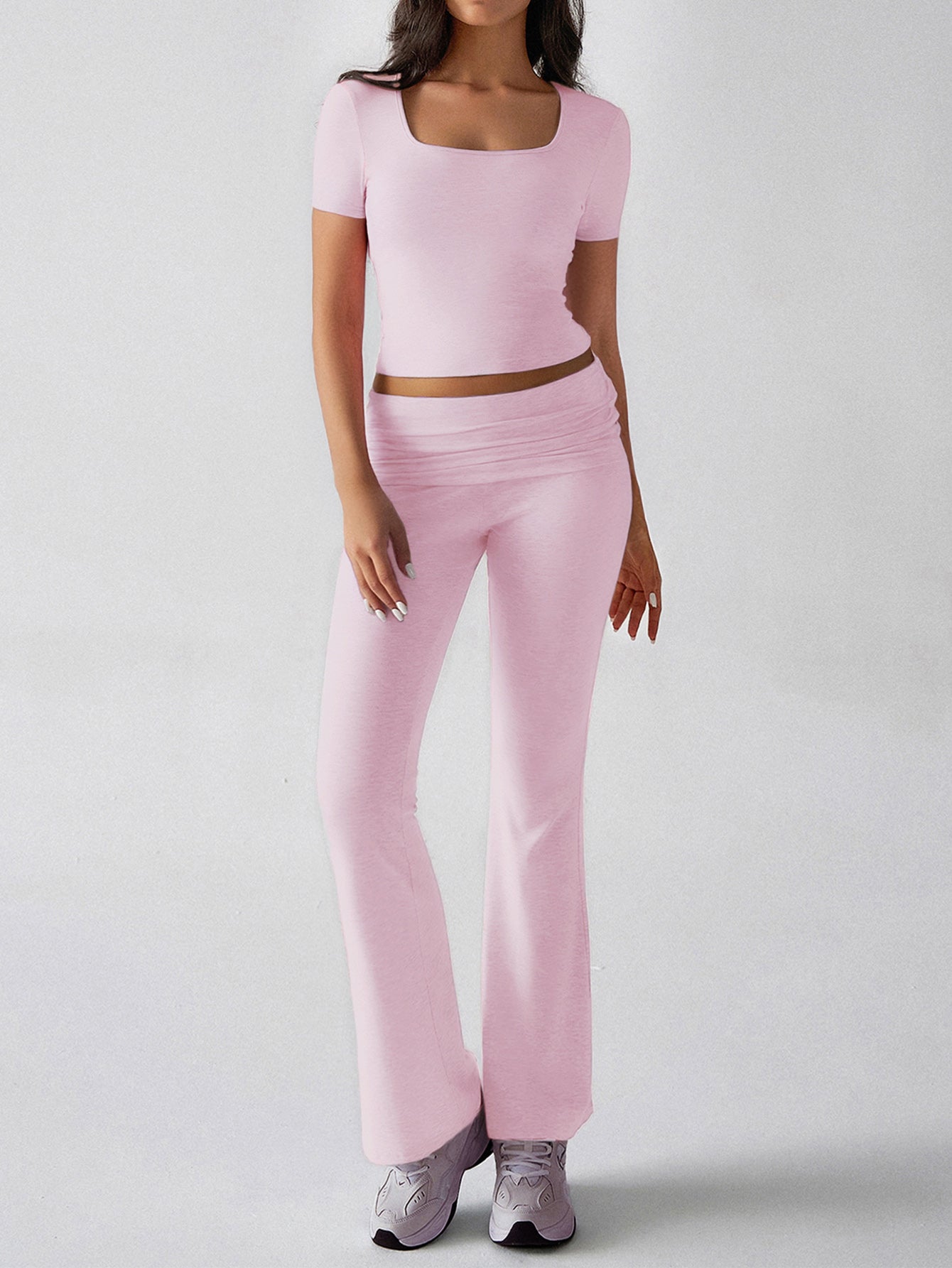 Square Neck Top High-Waisted Flare Pants Casual Set-Gray