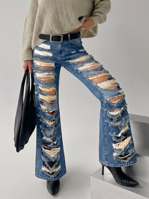 Distressed Wide Leg Denim Jeans