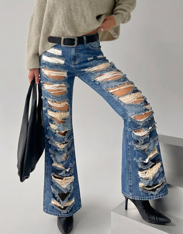 Distressed Wide Leg Denim Jeans