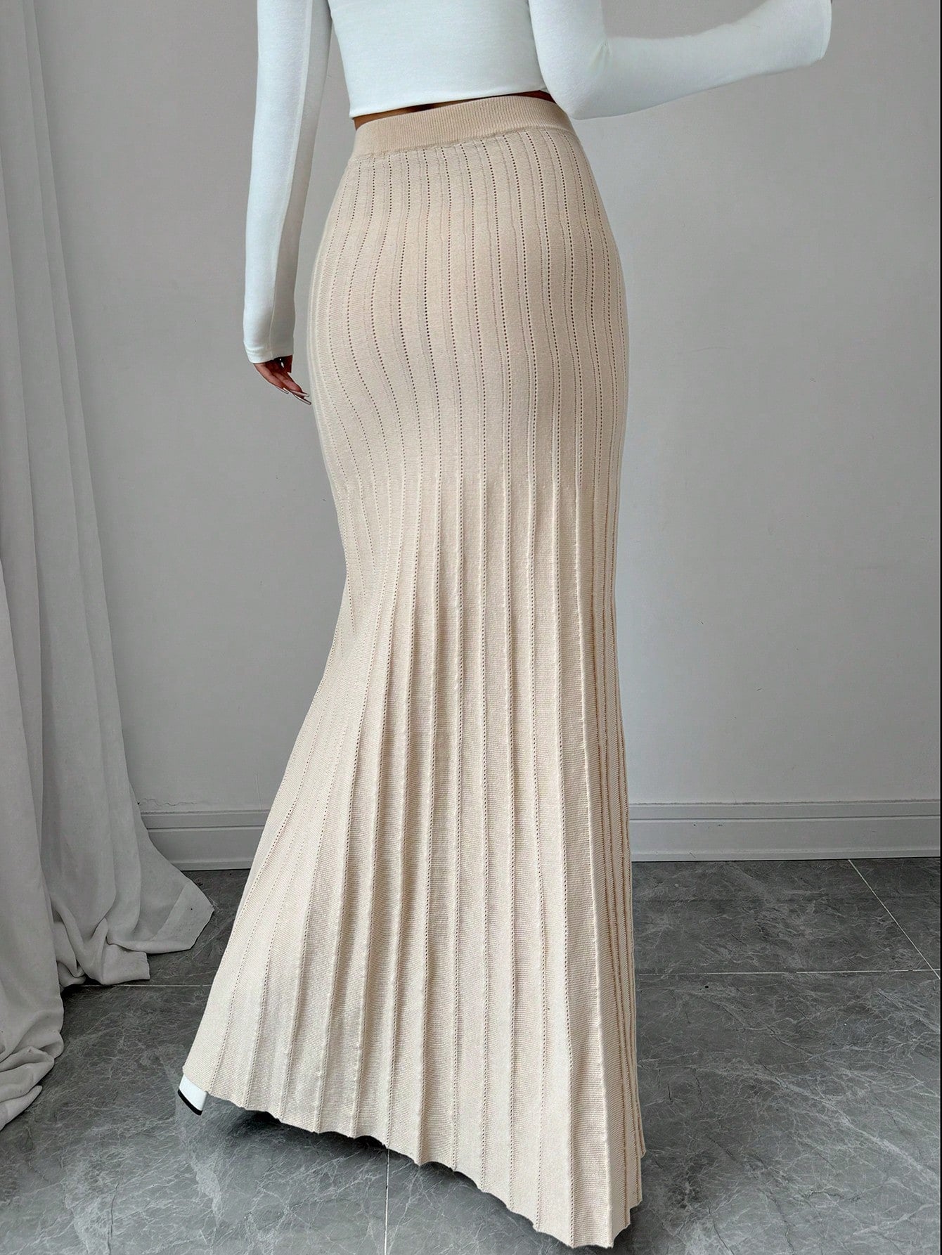 High Waisted Ribbed Knit Maxi Skirt