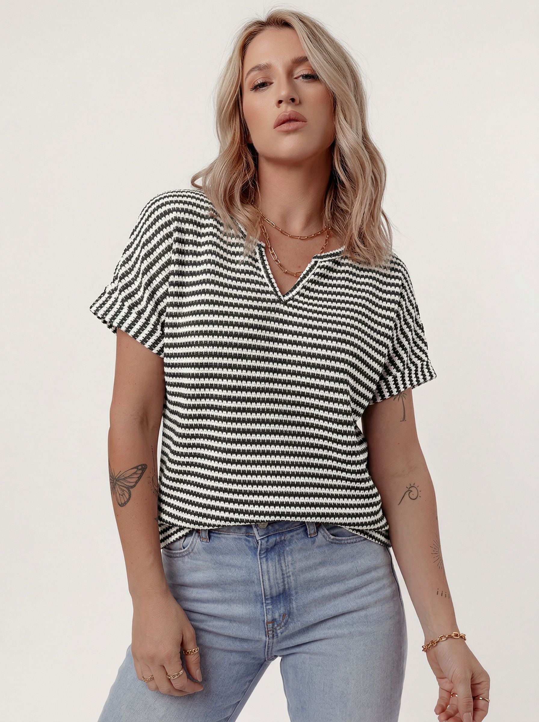 Striped V Neck Casual T-Shirt