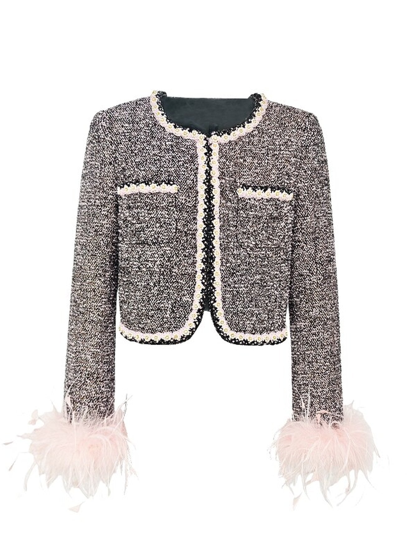 Feather Trim Tweed Cropped Jacket