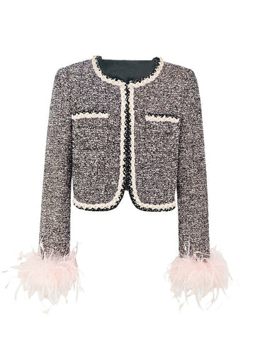 Feather Trim Tweed Cropped Jacket