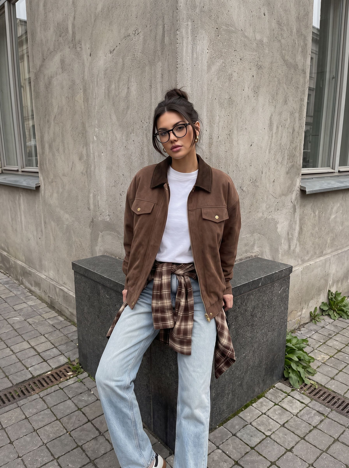 Brown Suede Ribbed Collar Jacket