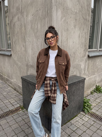 Brown Suede Ribbed Collar Jacket