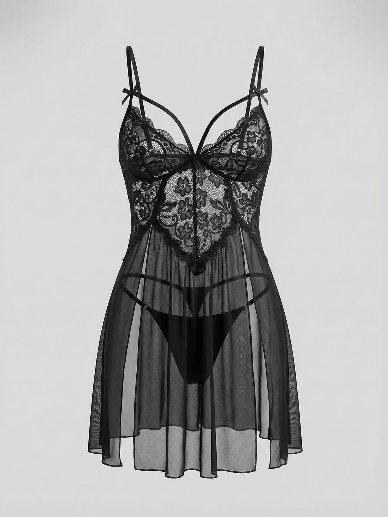 Lace Boudoir NightgownRuffle Trim Boudoir Nightgown - Black-Multicolor