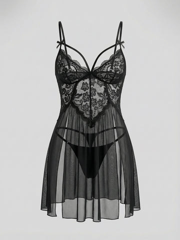 Lace Boudoir NightgownRuffle Trim Boudoir Nightgown - Black-Multicolor