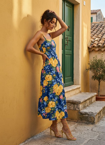 FLORA Floral Print Tiered Strap Midi Dress