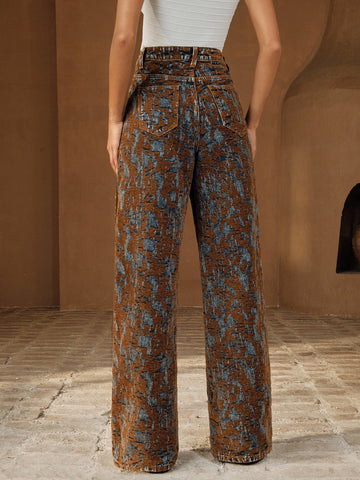 High Waisted Distressed Pattern Jeans
