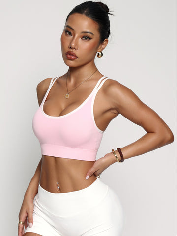 U Neck Double-Strap Contrast-Trim Athletic Sports Bra-Multicolor