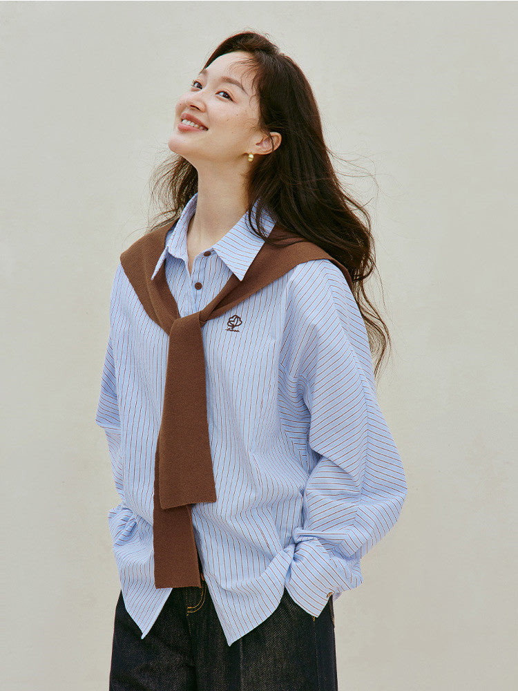Embroidered Striped Cotton Button Down Shirt