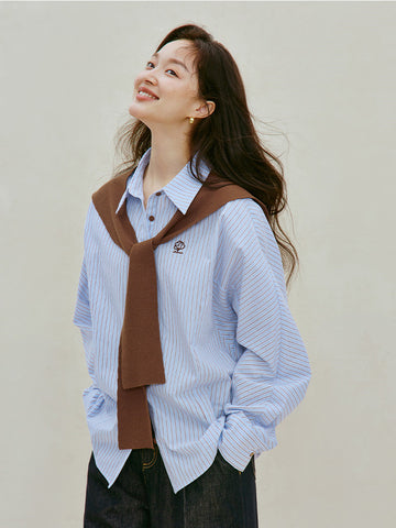 Embroidered Striped Cotton Button Down Shirt